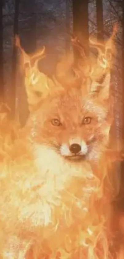 Fiery fox surrounded by flames in a forest background.