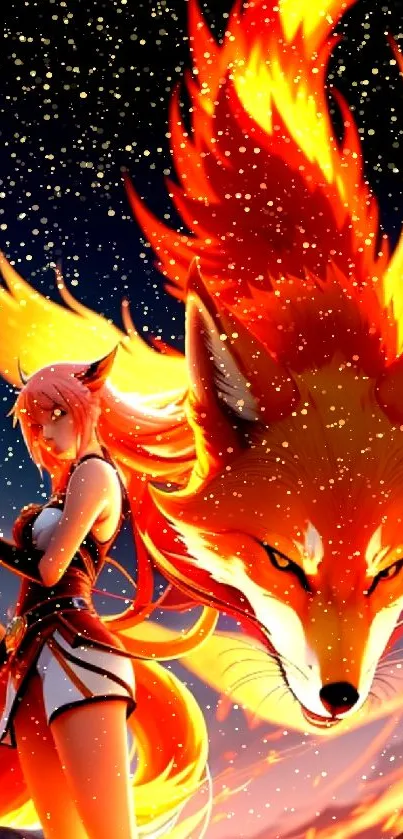 Fiery fox spirit and warrior in vibrant fantasy art.