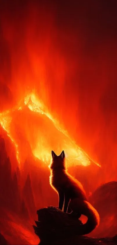 Silhouetted fox with fiery lava backdrop on mobile wallpaper.