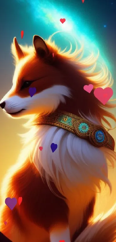 Fiery fox with jewelry under a vivid starry sky.