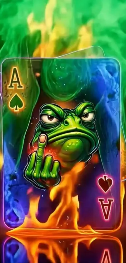 Colorful poker card with a fiery frog illustration.