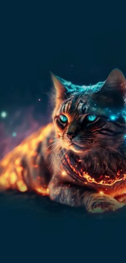 Fiery galaxy-themed cat wallpaper with vivid colors.