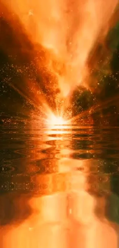 Fiery galaxy reflection on water with orange hues.