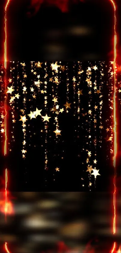 Fiery wallpaper with falling golden stars.