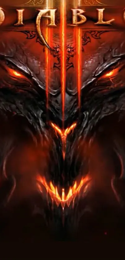 Fiery demon face with glowing eyes and dark tones on mobile wallpaper.