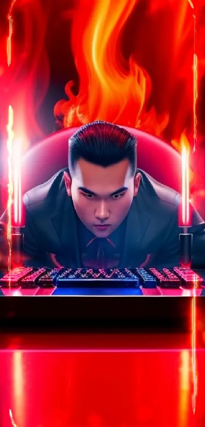 Gamer surrounded by intense flames, focusing on a glowing keyboard.