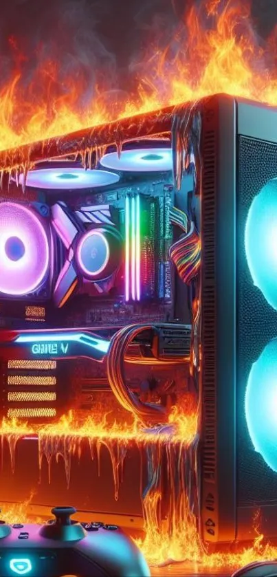 Fiery gaming PC with colorful RGB lights and flames.