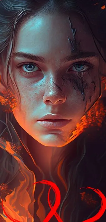 Intense portrait of a woman with fiery flames in digital art wallpaper.