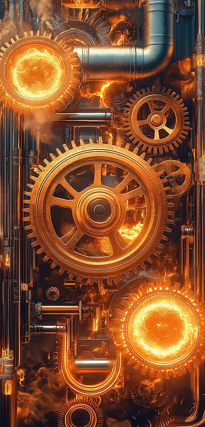 Fiery orange gears in an industrial steampunk design.