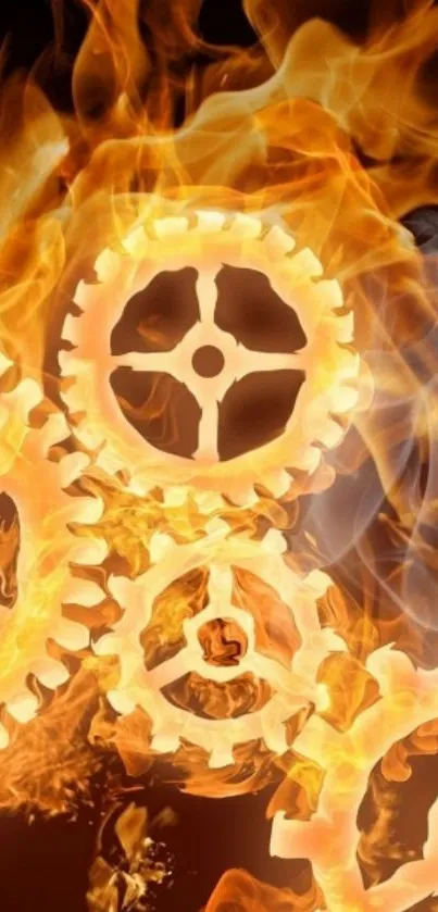 Fiery gears with orange flames mobile wallpaper.