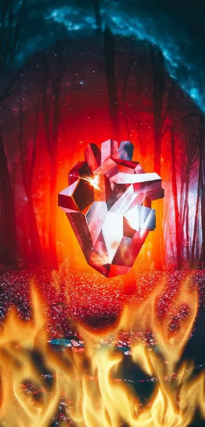 Geometric heart with flames in an enchanted forest.