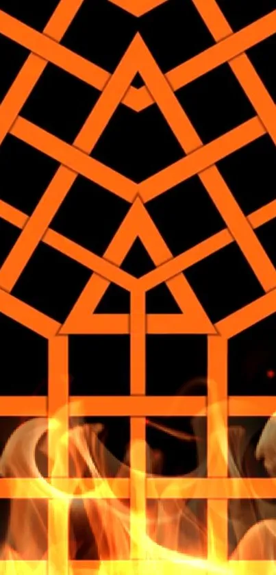 Orange geometric pattern with fiery flames on a dark background.