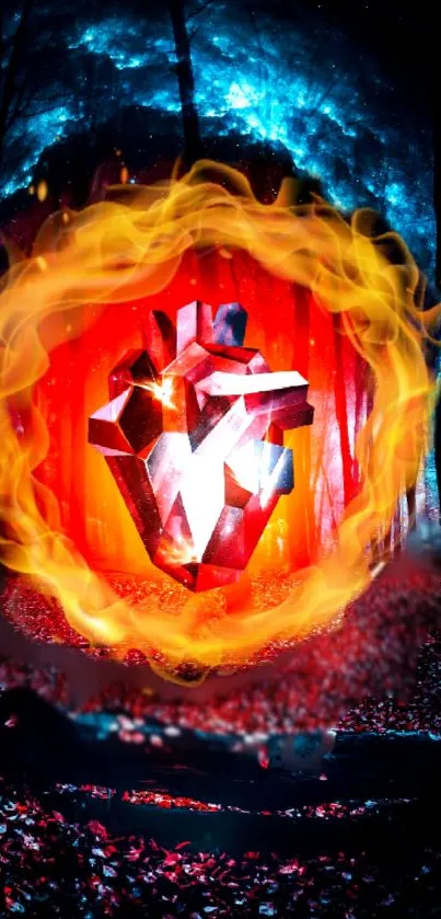 Fiery geometric heart in a wooded night scene with vibrant flames.