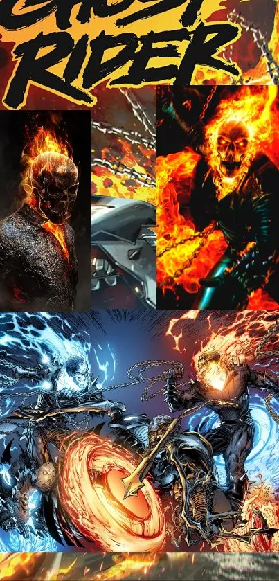 Ghost Rider wallpaper with fiery scenes and comic art style.