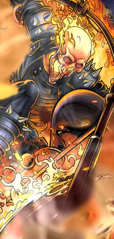 Dynamic Ghost Rider with fiery flames and a motorcycle in vibrant comic art style.