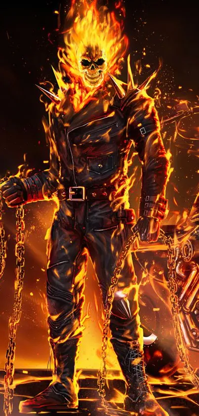 Fiery Ghost Rider wallpaper with chains and motorcycle.