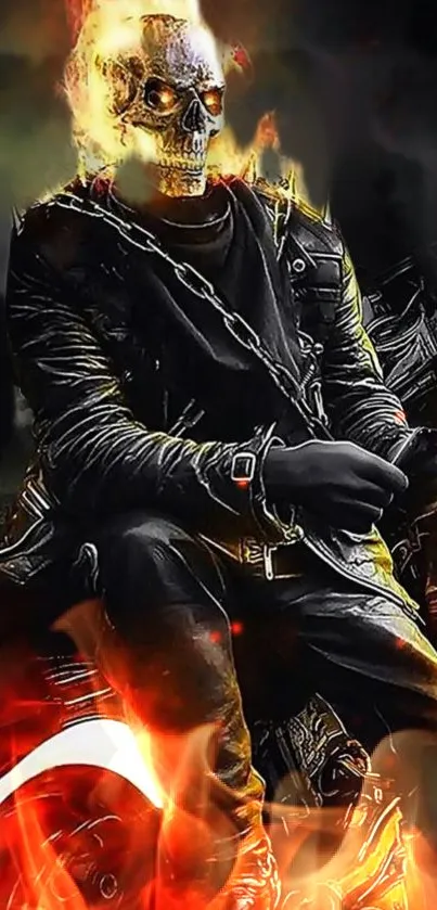 Ghost Rider with flames sitting on a motorcycle, wearing a leather jacket.