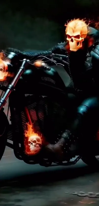 Fiery ghost rider on a motorcycle with flaming skulls.