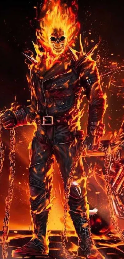 Ghost Rider with fiery chains and flames in intense mobile wallpaper.