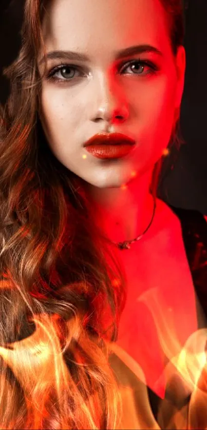 Glamorous woman in red light with fiery effects.