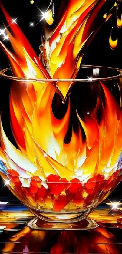 Fiery artwork in a glass bowl with vibrant flames.