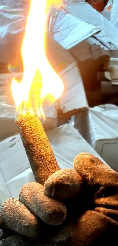 Gloved hand with flame in industrial setting.