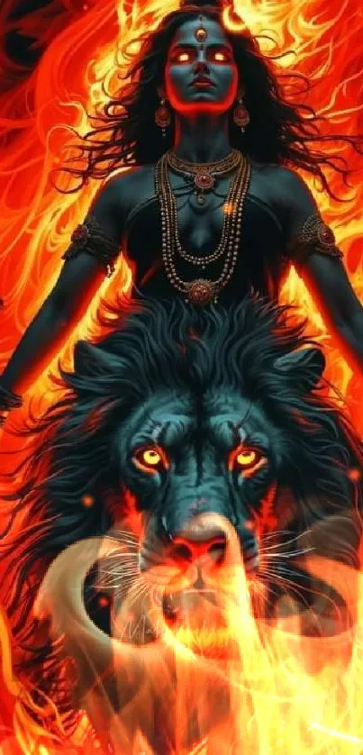 Fiery goddess and lion in vibrant colors.