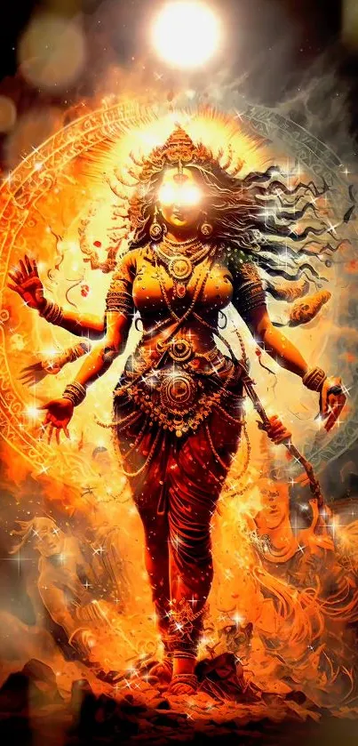 Fiery goddess with orange flames and divine energy on a mobile wallpaper.