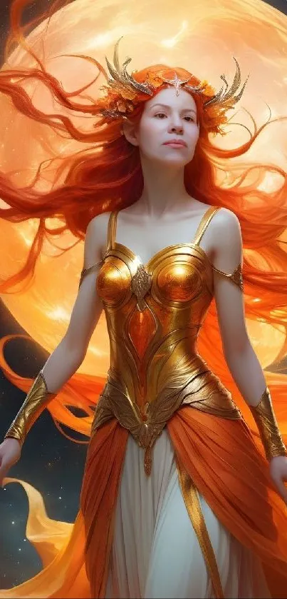 Fantasy art of a fiery goddess in golden armor with a celestial backdrop.