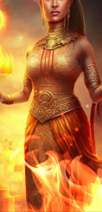 A fiery goddess in golden attire with vibrant flames against a mystical backdrop.