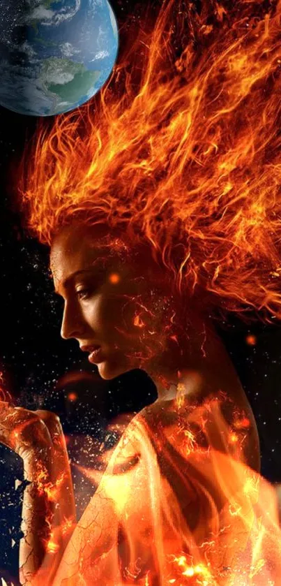 A fiery goddess with flaming hair against a celestial background.