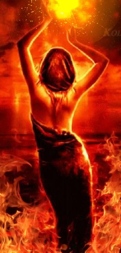 Fiery goddess surrounded by flames in vibrant mobile wallpaper.