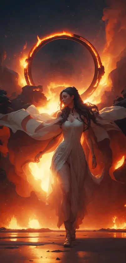 Goddess figure enveloped in flames with a fiery ring in the background.