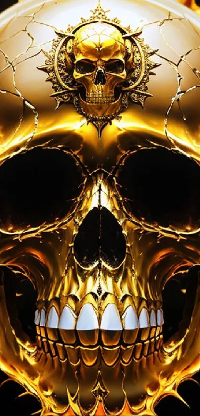 Fiery gold skull with intricate and bold design.