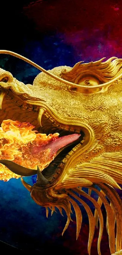 Golden dragon with fiery breath on a colorful background.