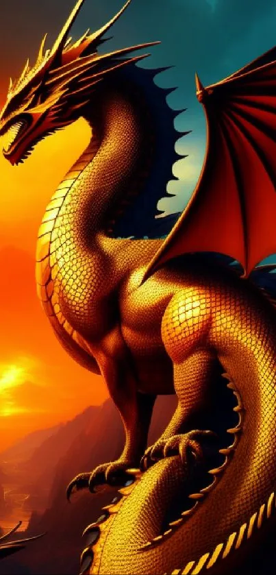 Golden dragon with fiery wings on vibrant background wallpaper.