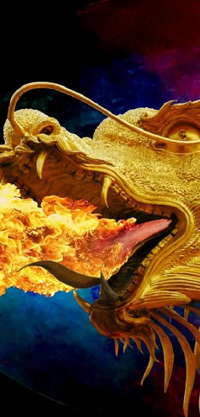 Golden dragon breathing fire set against a cosmic night sky.