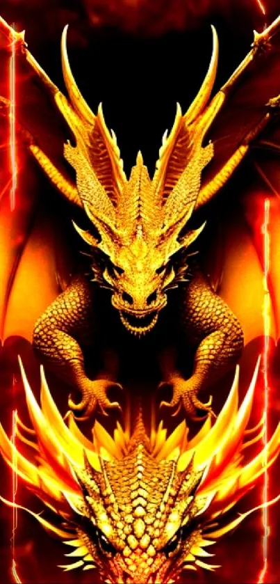 Golden dragon artwork with fiery wings set against a dark background.