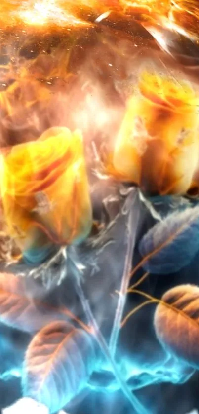 Fiery golden roses with glowing leaves in a vibrant, cosmic background.