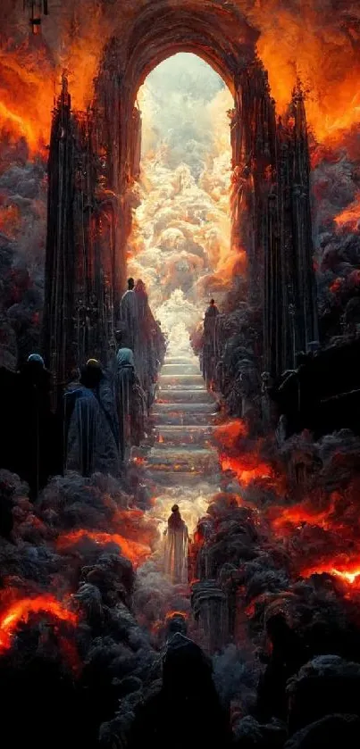 Fiery gothic archway leading to mystical skies with vivid clouds and flames.