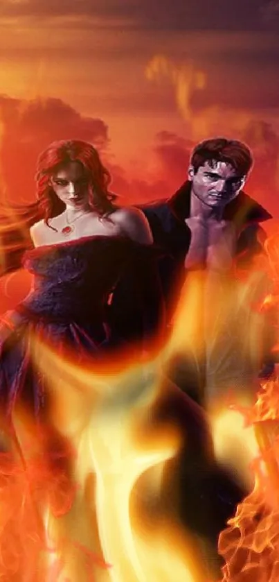 Gothic couple in fiery setting wallpaper.