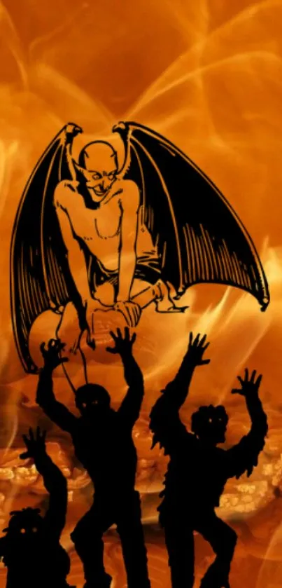 Fiery Gothic demon art silhouette with dark figures against flames.