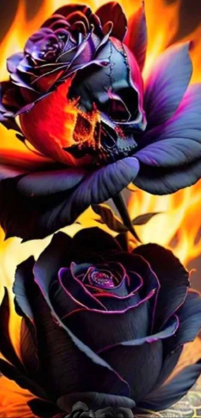 Fiery gothic rose with skull design on vibrant mobile wallpaper.