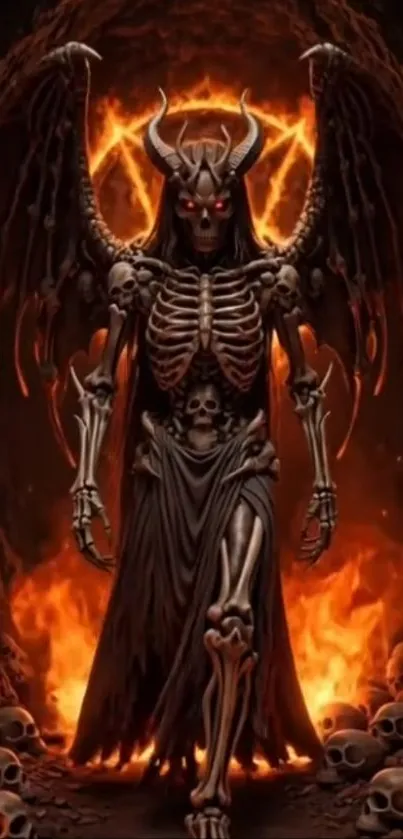 Fiery skeleton surrounded by flames in a gothic artistic style.