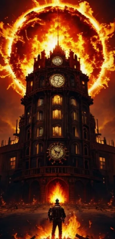 Dramatic fiery gothic tower under a blazing sky mobile wallpaper.