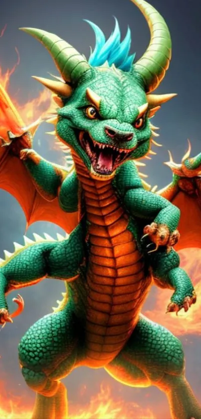 Vibrant green dragon with fiery wings on a bright background.