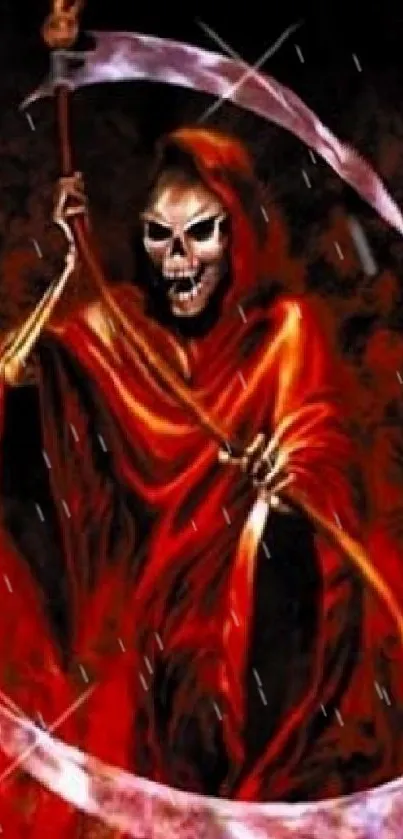 Fiery Grim Reaper with scythe on red background.