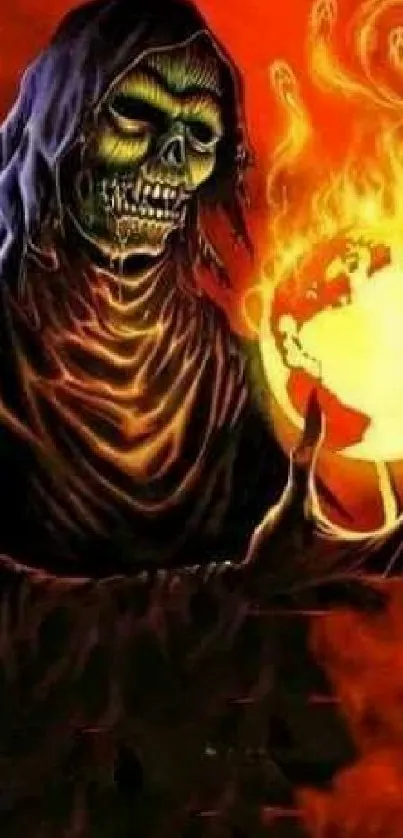 Grim Reaper holding fiery globe in dramatic artwork