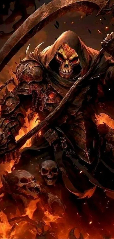 Fierce skeleton warrior with scythe in a fiery backdrop.