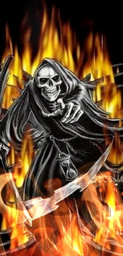 Grim Reaper with fiery flames on mobile wallpaper.